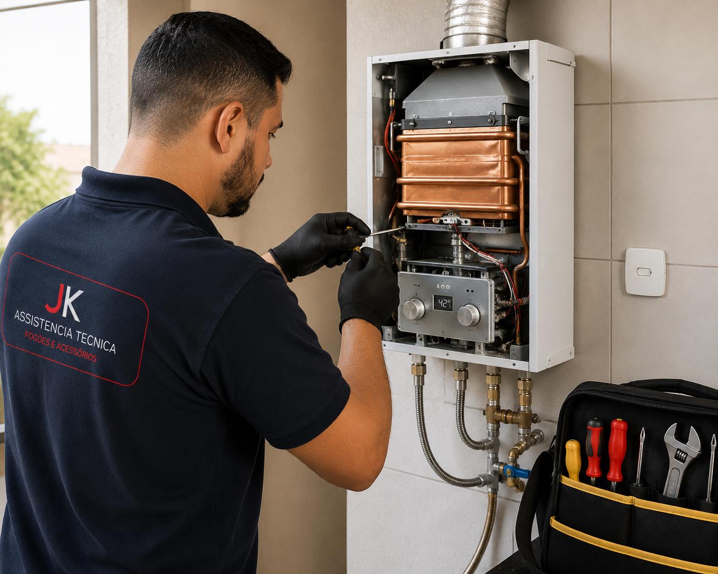 T&eacute;cnico fazendo manuten&ccedil;&atilde;o em fog&atilde;o